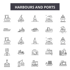 Harbours line icons, signs set, vector. Harbours outline concept illustration: harbour,port,container,business,freight,transportation,ship