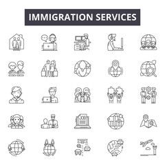 Immigration services line icons, signs set, vector. Immigration services outline concept illustration: immigration,travel,passport,document,international,country
