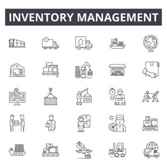 Inventory management line icons, signs set, vector. Inventory management outline concept illustration: inventory,management,warehouse,business,delivery,storage,product