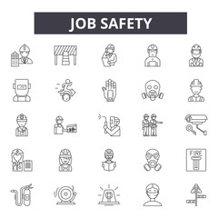 Job safety line icons, signs set, vector. Job safety outline concept illustration: safety,job,worker,industry,construction,equipment,helmet