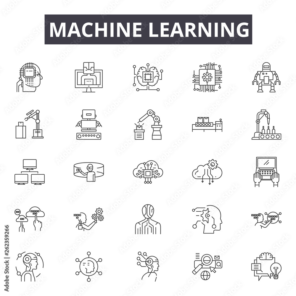 Poster machine learning system line icons, signs set, vector. machine learning system outline concept illus
