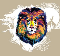 The head of a lion. Multicolored pop art pattern. Bright print.