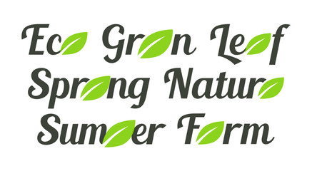 Labels with green leafs, Eco, Green, Leaf and Spring, Nature, Samer and Farm on Dark background