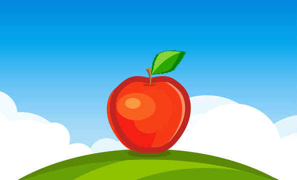 Nature Landscape background with Big red Apple on green field under blue daily clear sky.