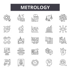 Metrology line icons, signs set, vector. Metrology outline concept illustration: metrology,detechnology,equipment,meter