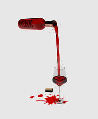 Bottiglia di vino rosè con bicchiere e macchie, su fondo neutro, immagine 3D, illustrazione