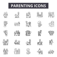Parenting line icons, signs set, vector. Parenting outline concept illustration: father,child,mother,human,family,parent,graphic