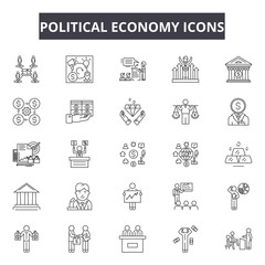 Political economy line icons, signs set, vector. Political economy outline concept illustration: economy,depolitics,business,country,concept,national