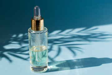 Beauty skincare template - dropper glass bottle with cosmetic oil or serum, natural light, light blue background, copy space