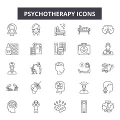 Psychotherapy line icons, signs set, vector. Psychotherapy outline concept illustration: psychotherapy,psychology,health,brain,therapy,psychologist,concept