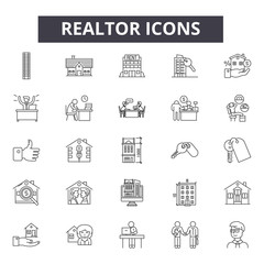 Realtor line icons, signs set, vector. Realtor outline concept illustration: realtor,home,house,building,apartment,agent,rent,property