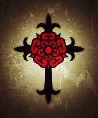 Rosenkreuz (Cross with Rose). Sacral mystical symbol of The Rosicrucians (Rosenkreuzer), The Emblem of Medieval secret society. (Alternate grunge vintage remake).