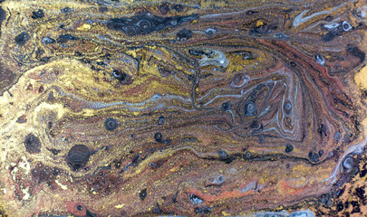 Gold, bronze and blue marbling pattern. Golden marble liquid texture.