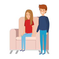 little kids couple sitting in sofa