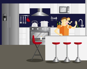Vector Flat Illustration of Father is Waving his Hand and Daughter is Sitting on his Neck. Modern Kitchen Interior Design. Interior of a Cozy Kitchen with Furniture and Appliances
