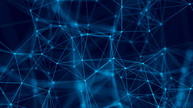 Big data visualization. Abstract background with connecting dots and lines. 3D rendering. High resolution.