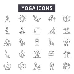 Yoga line icons, signs set, vector. Yoga outline concept illustration: yoga,body,exercise,health,relaxation,fitness,lifestyle,sport,meditation