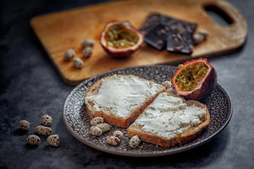 Launch with Dietary sandwiches with grain bread, cream cheese and avocado
