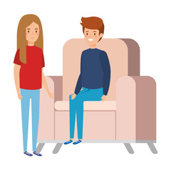 little kids couple sitting in sofa
