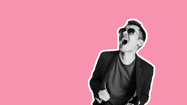 Emotional fashion crazy guy. Funny hipster teen amazed excited expressing lottery winning. Trendy funky color background for sale banner. Win ecstatic scream and fun celebrating victory concept.