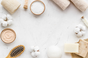 Organic cosmetics and eco materials for homemade spa on white background top view mock up