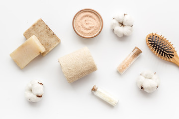 Eco-friendly cosmetics and zero waste set for spa on white background top view