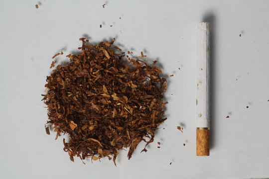 Cigarette and tobacco on white background