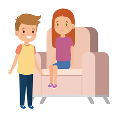little kids couple sitting in sofa