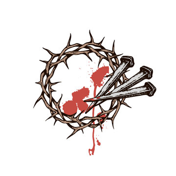 image of jesus nails with thorn crown and blood isolated on white background