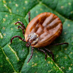 Encephalitis Virus or Lyme Borreliosis Disease or Monkey Fever Infectious Dermacentor Tick Arachnid Parasite Insect on Green Leaf Macro