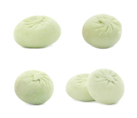 Set of delicious raw dumplings on white background