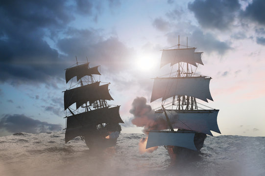 sea battle with a sailing pirate ship 3d,render
