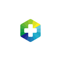 Medical cross in a hexagon. polygonal green and blue colors