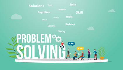 problem solving business concept with big word text and team people meeting discuss and debate to solve problems - vector