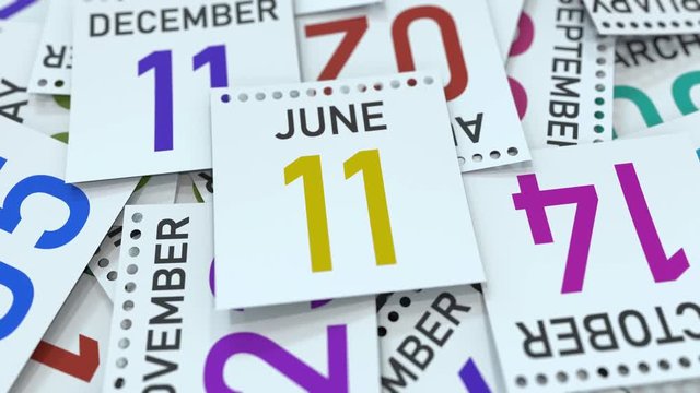 June 11 date on calendar page. 3D animation