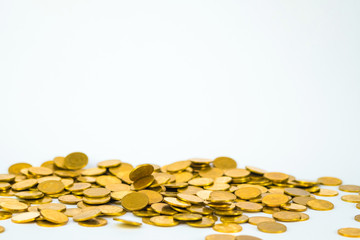 Movement of falling gold coin, flying coin, rain money with soft shadow on white background, business and financial wealth and take profit concept.