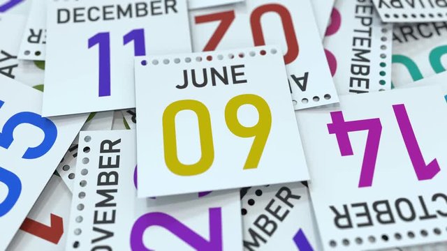 June 9 date on calendar leaf among other leaves, 3D animation