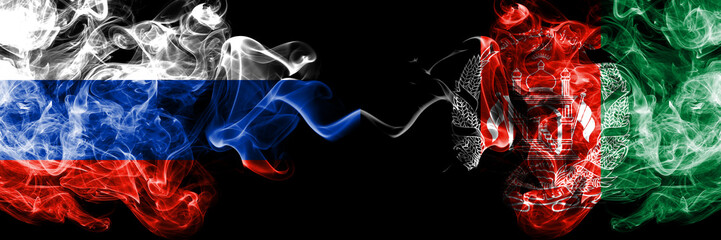 Russian vs Afghanistan, Afghani smoke flags placed side by side. Thick colored silky smoke flags of Russia and Afghanistan, Afghani