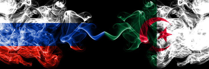 Russian vs Algeria, Algerian smoke flags placed side by side. Thick colored silky smoke flags of Russia and Algeria, Algerian