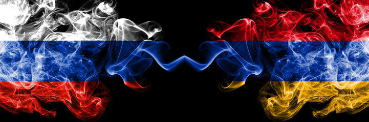 Russian vs Armenia, Armenian smoke flags placed side by side. Thick colored silky smoke flags of Russia and Armenia, Armenian