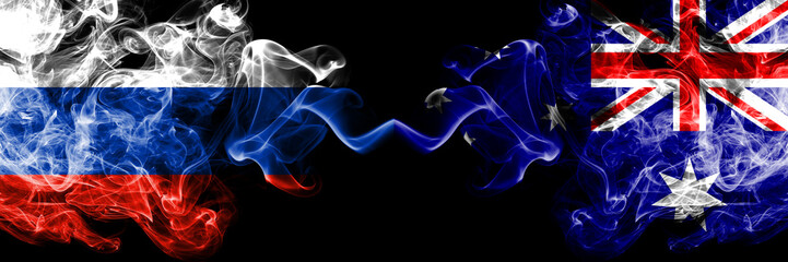 Russian vs Australia, Australian smoke flags placed side by side. Thick colored silky smoke flags of Russia and Australia, Australian