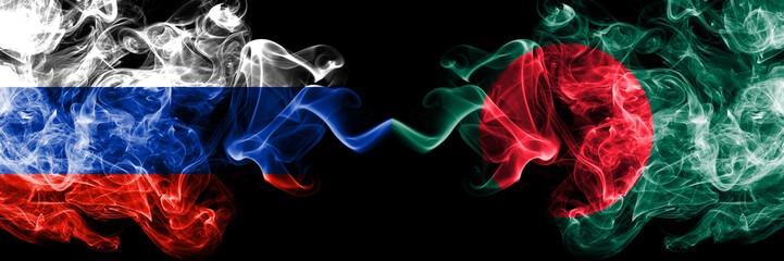 Russian vs Bangladesh, Bangladeshi smoke flags placed side by side. Thick colored silky smoke flags of Russia and Bangladesh, Bangladeshi
