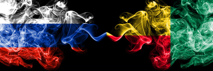 Russian vs Benin, Beninese smoke flags placed side by side. Thick colored silky smoke flags of Russia and Benin, Beninese