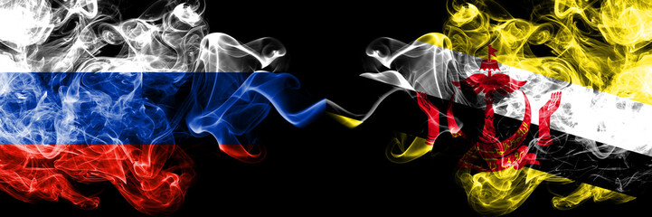 Russian vs Brunei, Bruneian smoke flags placed side by side. Thick colored silky smoke flags of Russia and Brunei, Bruneian