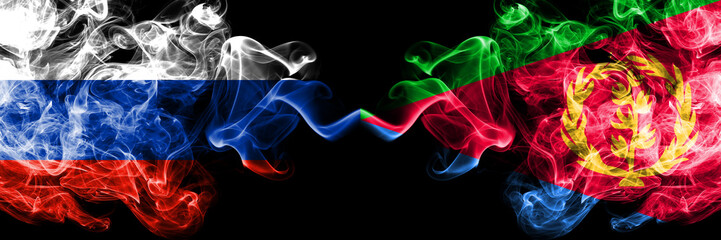 Russian vs Eritrea smoke flags placed side by side. Thick colored silky smoke flags of Russia and Eritrea