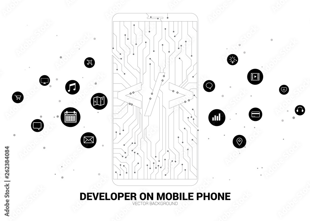 Fototapete software development programming tag icon shaped mobile phone with circuit line graphic.Concept for Programming language technology and coding.