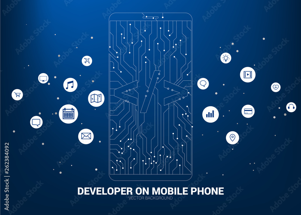 Leinwandbilder software development programming tag icon shaped mobile phone with circuit line graphic.Concept for Programming language technology and coding.