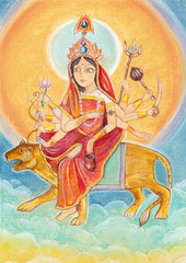 Fototapeta na wymiar Beautiful Hindu goddess rendering Chandraghanta Devi. Navaratri. Day 3. Pastel drawing.