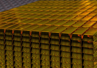 Stock of gold in bullion. The background is blurred on purpose. 3D rendering.