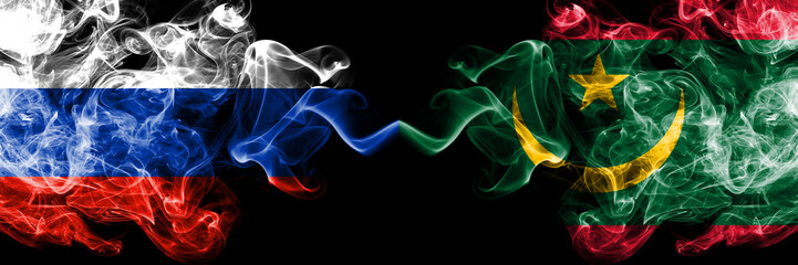 Russian vs Mauritania, Mauritanian smoke flags placed side by side. Thick colored silky smoke flags of Russia and Mauritania, Mauritanian